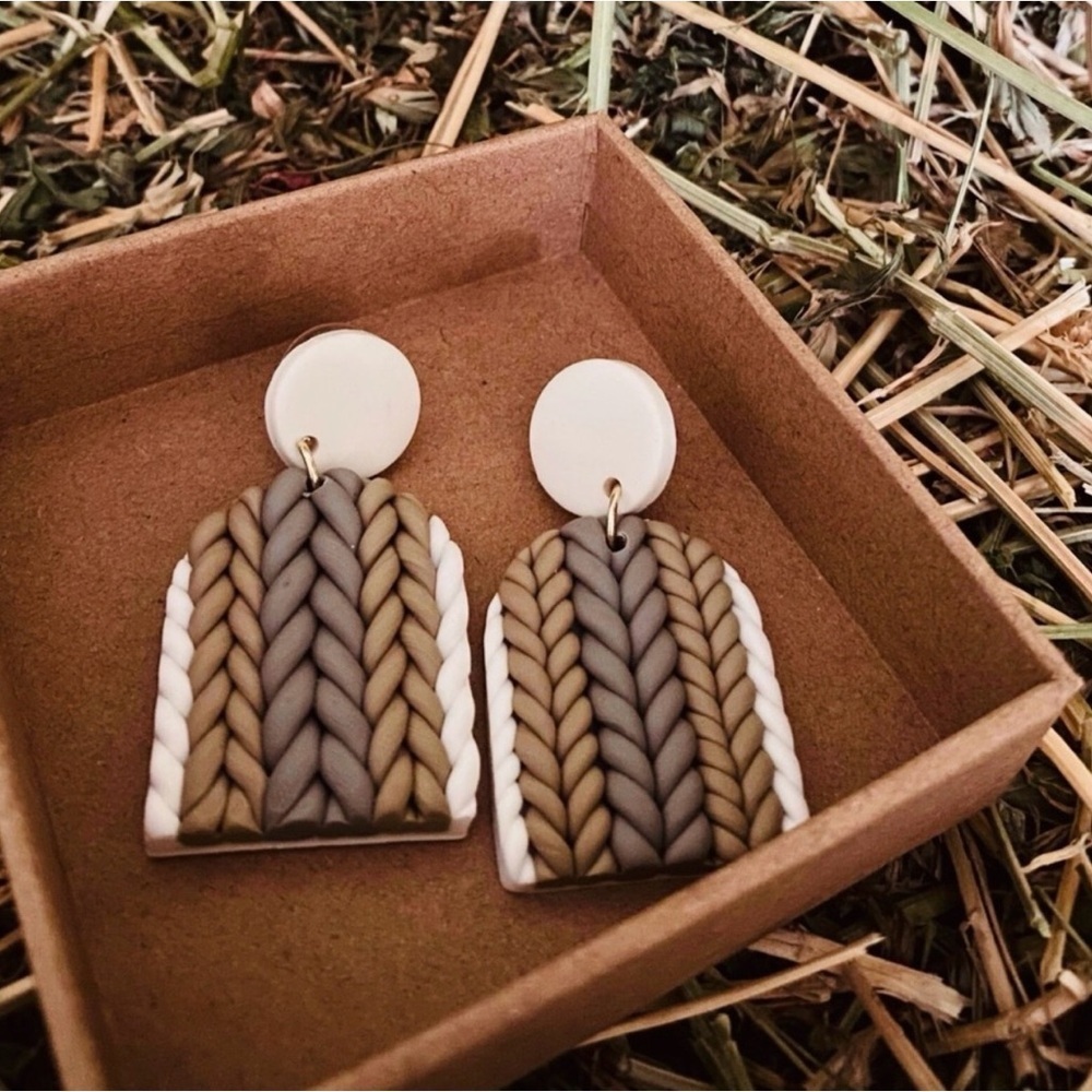 Fun, Cable Knit Sweater Pattern Clay Drop Dangle Earrings, White, Tan - Picture 9 of 16